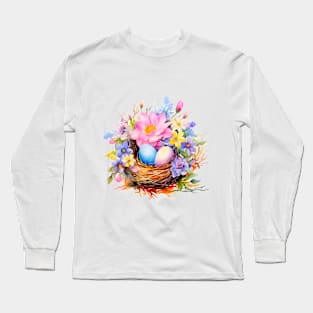 Nest of bird with eggs and flowers Long Sleeve T-Shirt